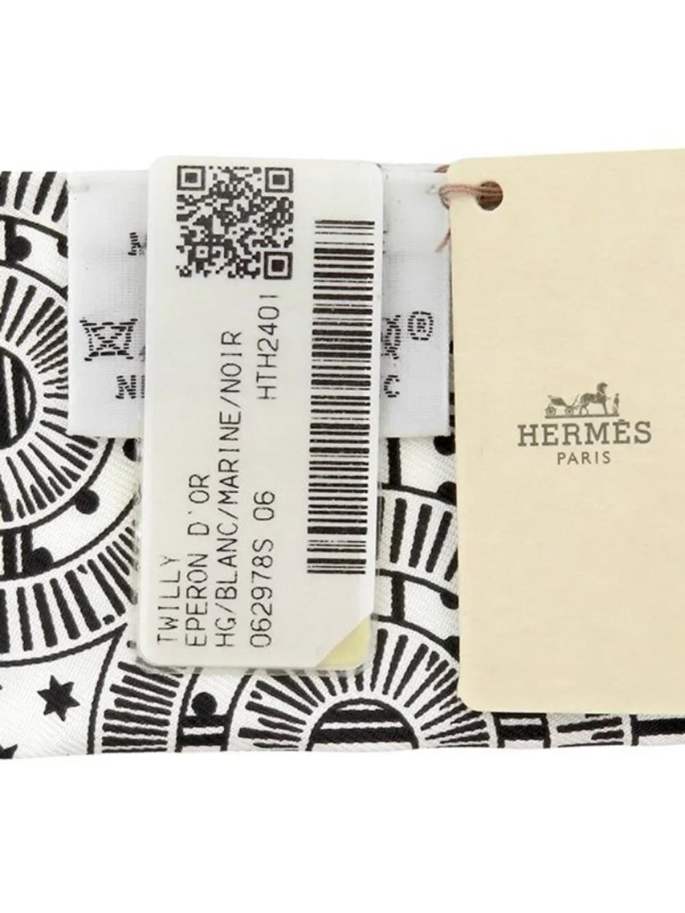 Hermes Scarf Twilly Silk White Marine Black Eperon D'or Apron